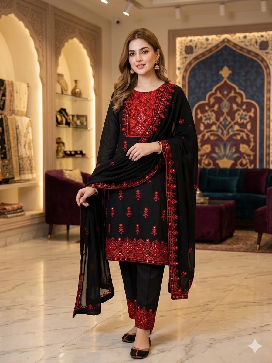 Premium Lawn Cotton Mirror Work 3PC Suit – Festive Collection