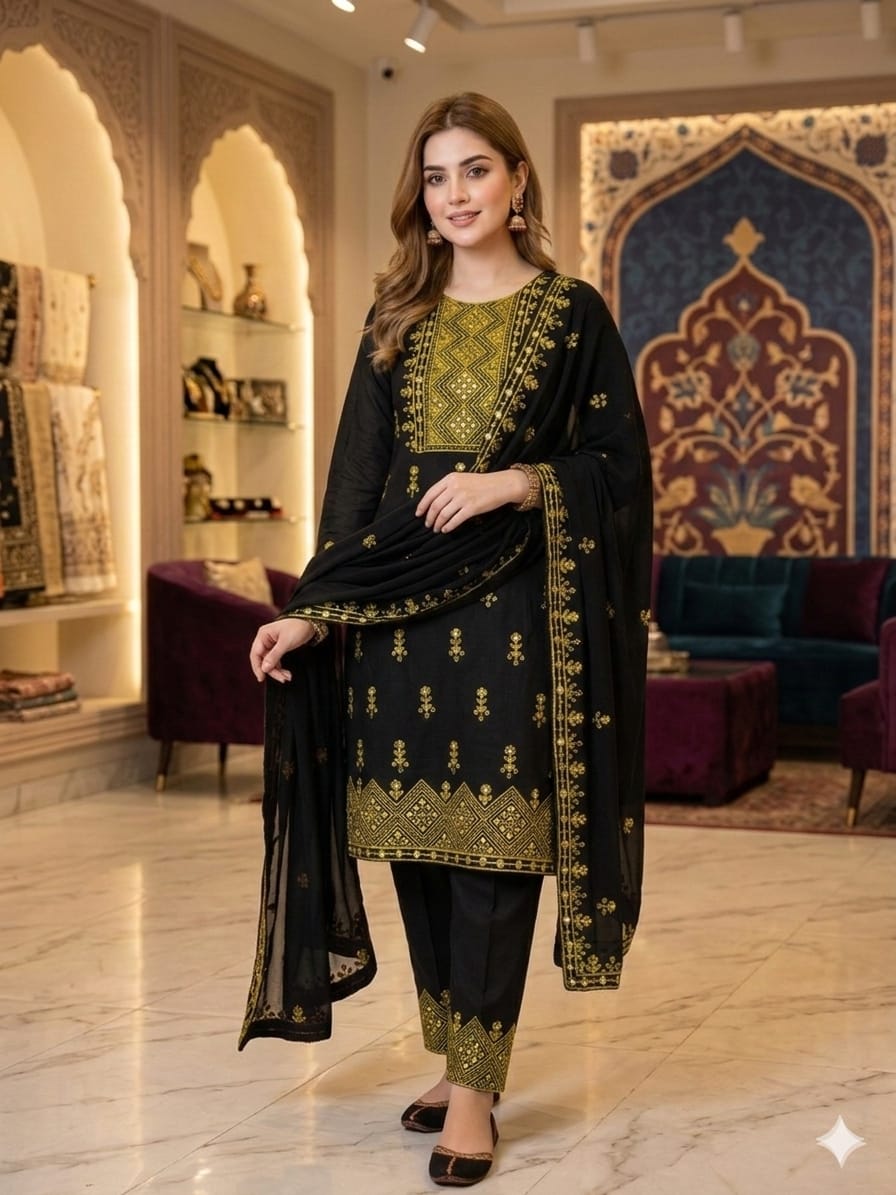 Premium Lawn Cotton Mirror Work 3PC Suit – Festive Collection