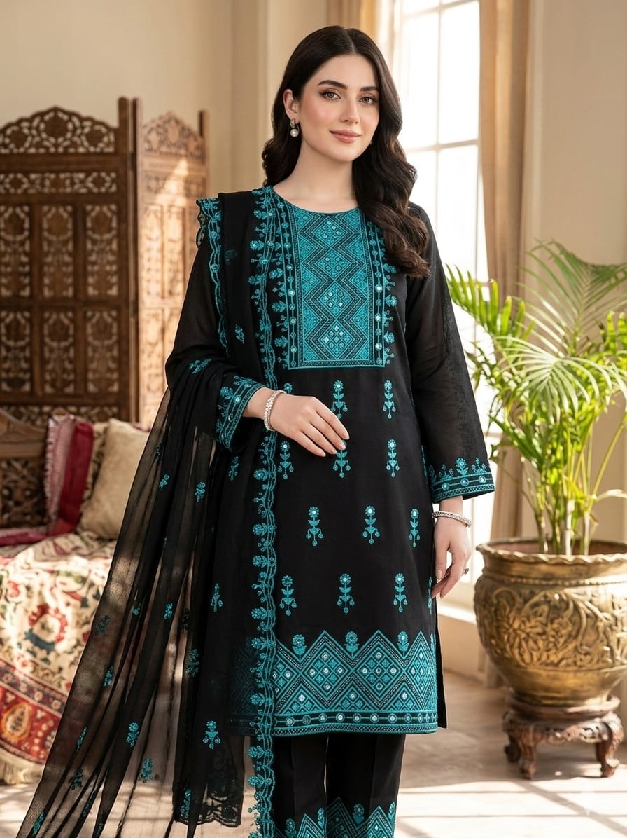 Premium Lawn Cotton Mirror Work 3PC Suit – Festive Collection
