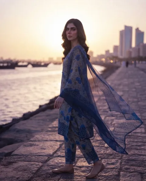 Blue tones with floral/abstract printed pattern