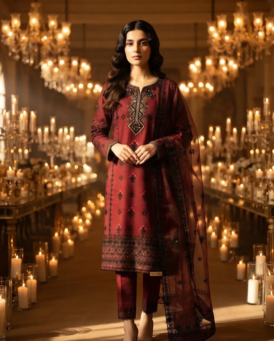 Maroon/Burgundy  Premium Lawn, Khaddar, or Cambric Cotton — image 1