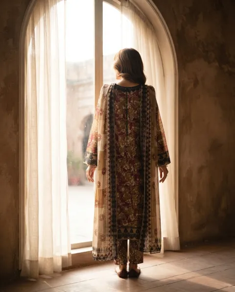 Heritage Bloom: Premium Embroidered 3-Piece Suit – Maroon & Beige Floral