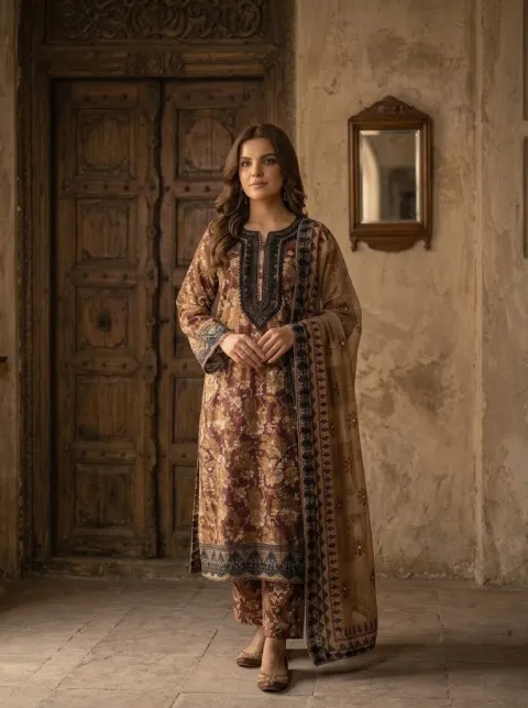 Heritage Bloom: Premium Embroidered 3-Piece Suit – Maroon & Beige Floral
