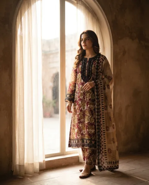 Heritage Bloom: Premium Embroidered 3-Piece Suit – Maroon & Beige Floral